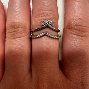 Pandora sparkling wishbone ring and tiara ring stack